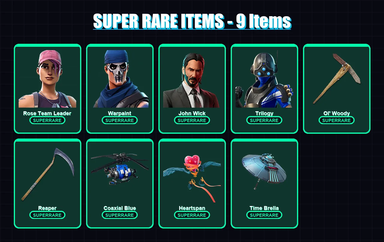 [PC/XBOX] | Rose Team Leader | Warpaint | John Wick | Trilogy | Nezumi | 198 skin | 214 pickaxe | 146 emote | 182 glider | Lv3052