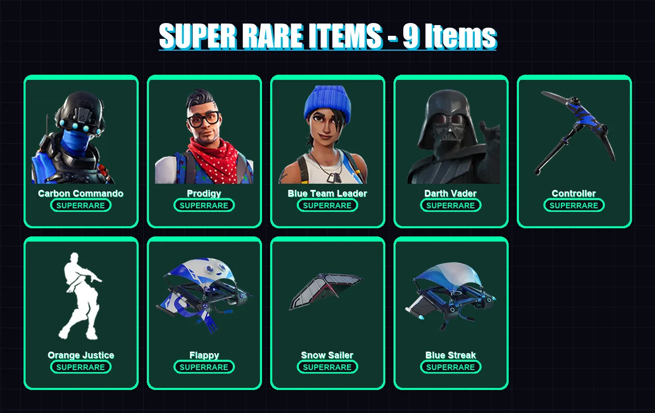 [PS4/PS5/XBOX/PC] | Carbon Commando | Prodigy | Blue Team Leader | Darth Vader | Sentinel | 113 skin | 128 pickaxe | 108 emote | 114 glider | Lv1526