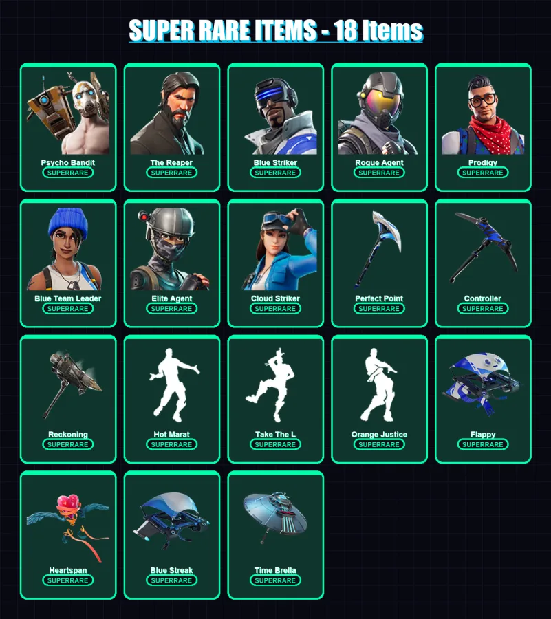 [PC] | Psycho Bandit | The Reaper | Blue Striker | Rogue Agent | Prodigy | 148 skin | 119 pickaxe | 205 emote | 119 glider | Lv1403 — Fortnite account