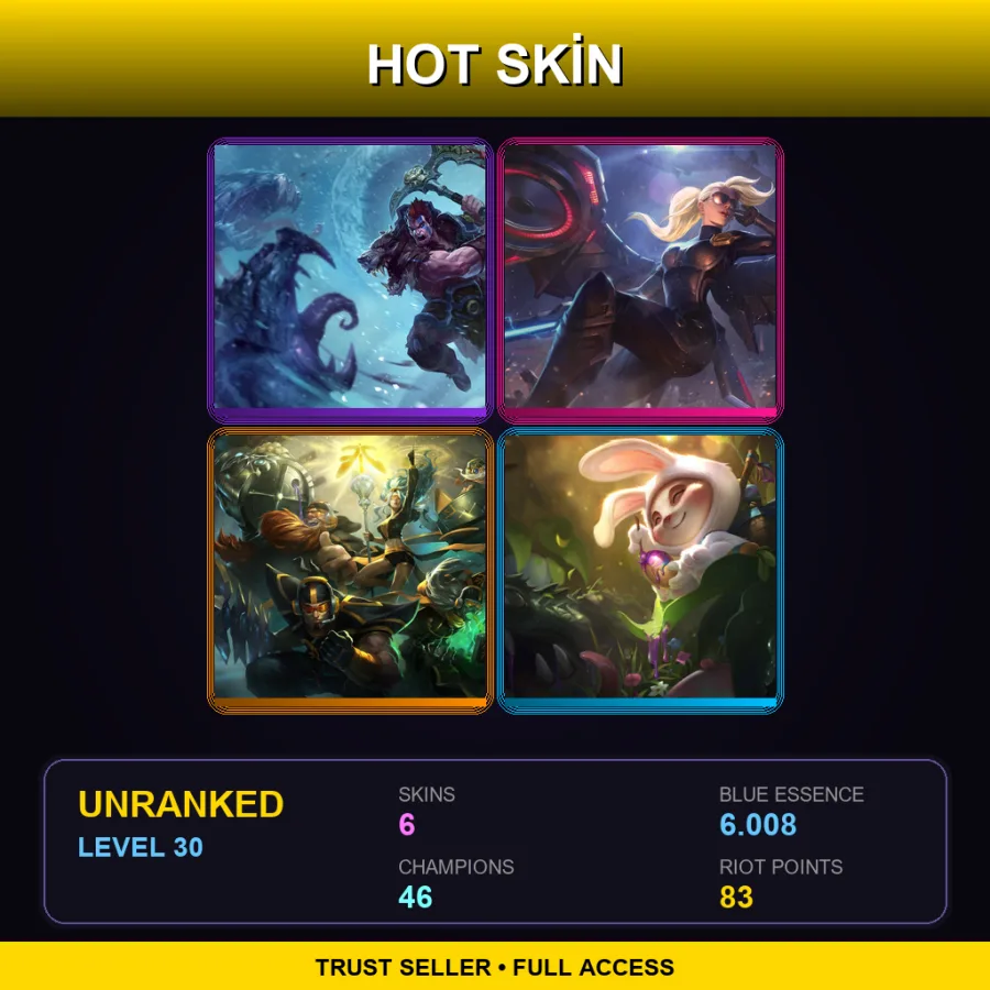EUNE | Woad King Darius | Riot Kayle | Fnatic Janna | Cottontail Teemo | 6 Skin | 46 Champ | Lv30