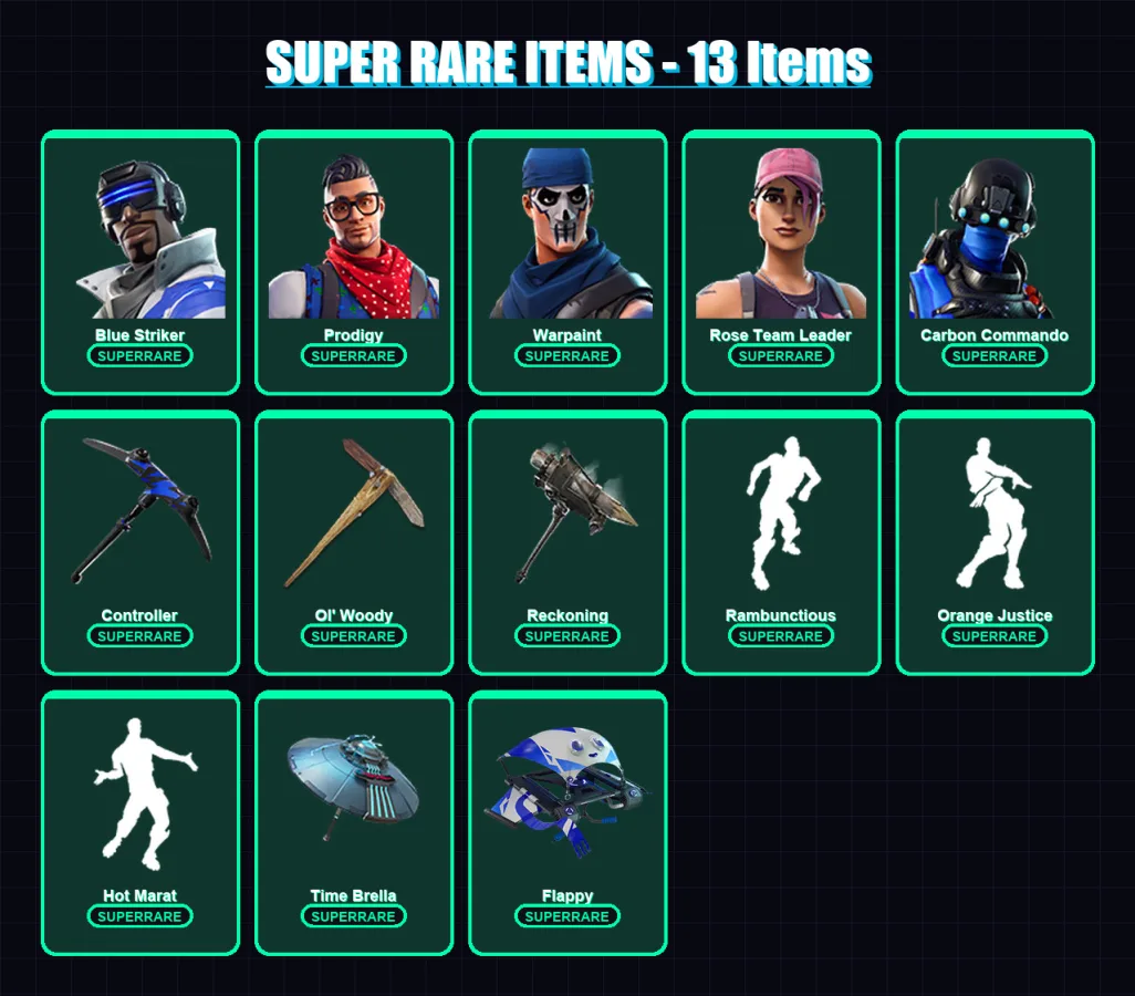 [PS4/PS5/XBOX/PC] | Blue Striker | Prodigy | Warpaint | Rose Team Leader | Carbon Commando | 71 skin | 39 pickaxe | 83 emote | 48 glider | Lv574