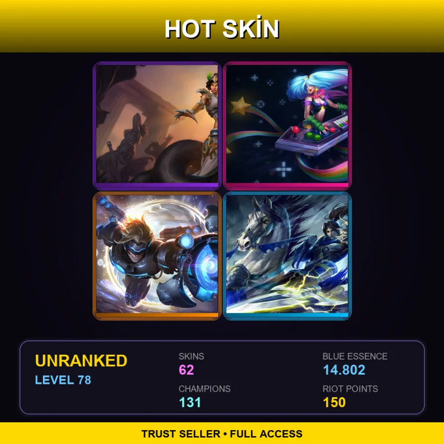 EUW | Lv78 | Unranked | 62 Skin | 131 Champ — LoL account