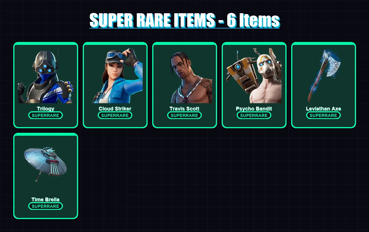 [PC/XBOX] | Trilogy | Cloud Striker | Travis Scott | Psycho Bandit | Eternal Knight | 232 skin | 129 pickaxe | 65 emote | 82 glider | Lv1363