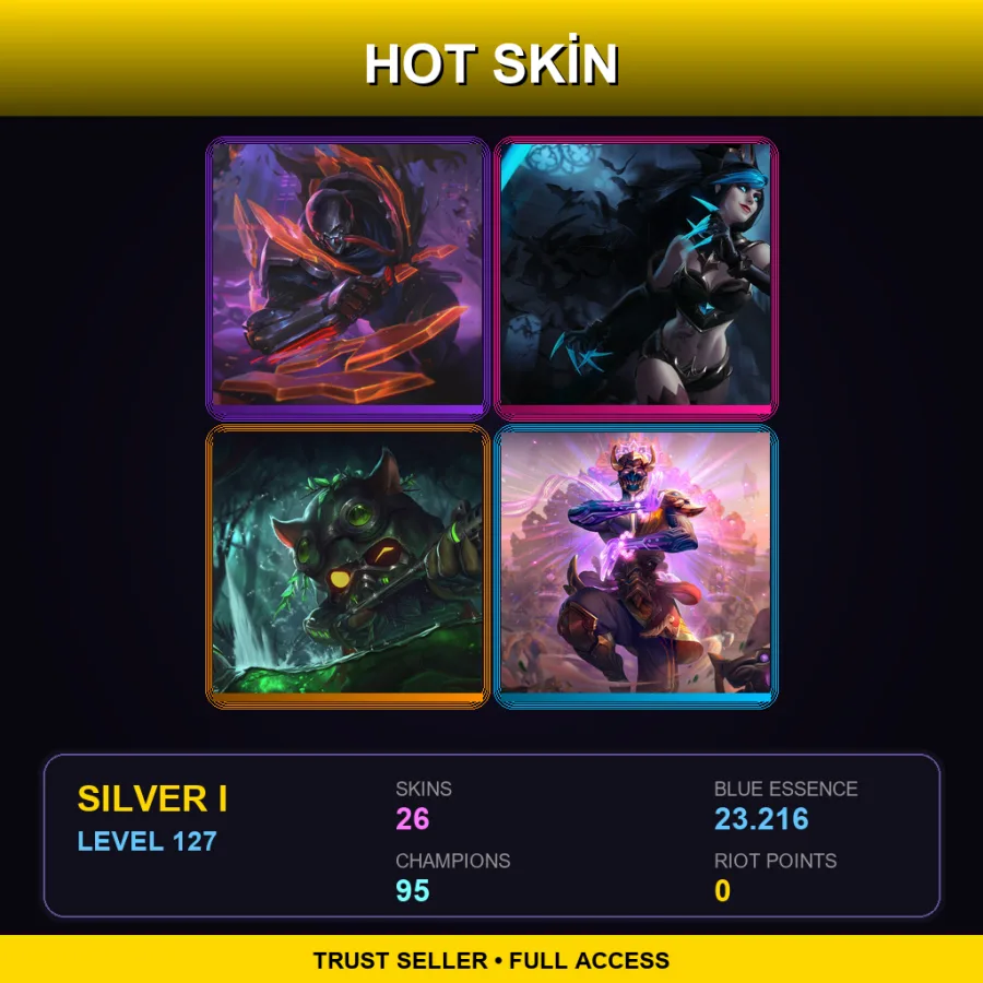NA | PROJECT: Pyke | Shadow Evelynn | Omega Squad Teemo | Three Honors Malzahar | 26 Skin | 95 Champ | Silver I | Lv127