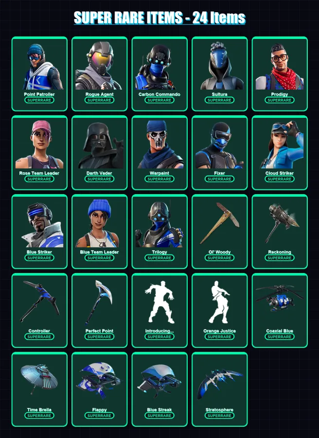 [PS4/PS5/PC] | Point Patroller | Rogue Agent | Carbon Commando | Sultura | Prodigy | 296 skin | 306 pickaxe | 223 emote | 228 glider | Lv2462