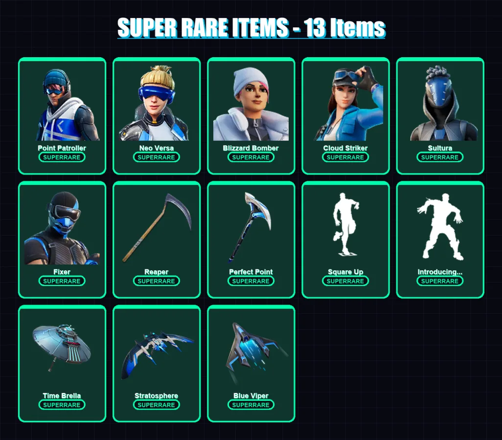 [PC/XBOX] | Point Patroller | Neo Versa | Blizzard Bomber | Cloud Striker | Sultura | 69 skin | 75 pickaxe | 64 emote | 61 glider | Lv964