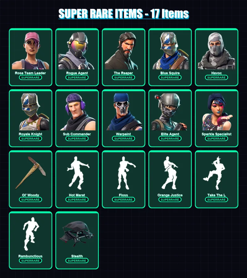 [PC/XBOX/PSN] | Rose Team Leader | Rogue Agent | The Reaper | Blue Squire | Havoc | 45 skin | 25 pickaxe | 49 emote | 32 glider | Lv465