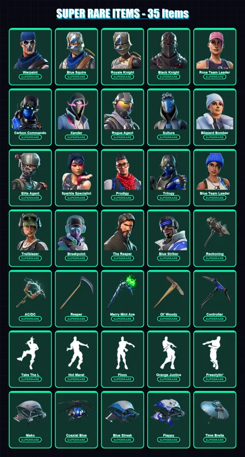 [PC] | Warpaint | Blue Squire | Royale Knight | Black Knight | Rose Team Leader | 215 skin | 232 pickaxe | 183 emote | 196 glider | Lv2520 — Fortnite account