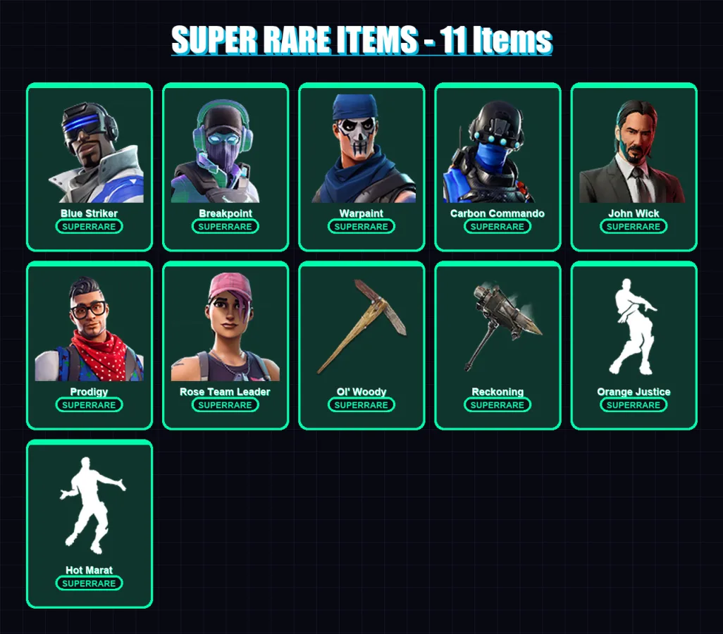 [PC/XBOX] | Blue Striker | Breakpoint | Warpaint | Carbon Commando | John Wick | 80 skin | 48 pickaxe | 62 emote | 55 glider | Lv829