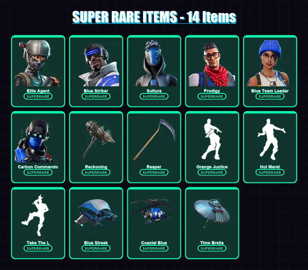 [PS4/PS5/XBOX/PC] | Elite Agent | Blue Striker | Sultura | Prodigy | Blue Team Leader | 38 skin | 43 pickaxe | 60 emote | 52 glider | Lv767