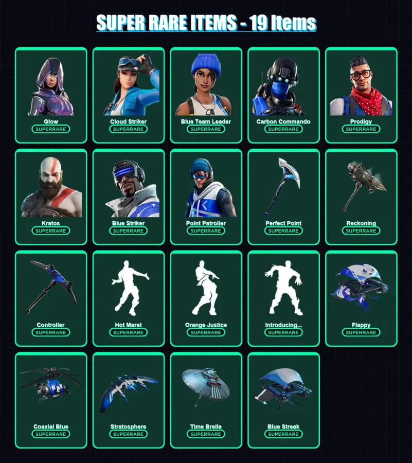[PS4/PS5/XBOX/PC] | Glow | Cloud Striker | Blue Team Leader | Carbon Commando | Prodigy | 71 skin | 53 pickaxe | 78 emote | 62 glider | Lv758