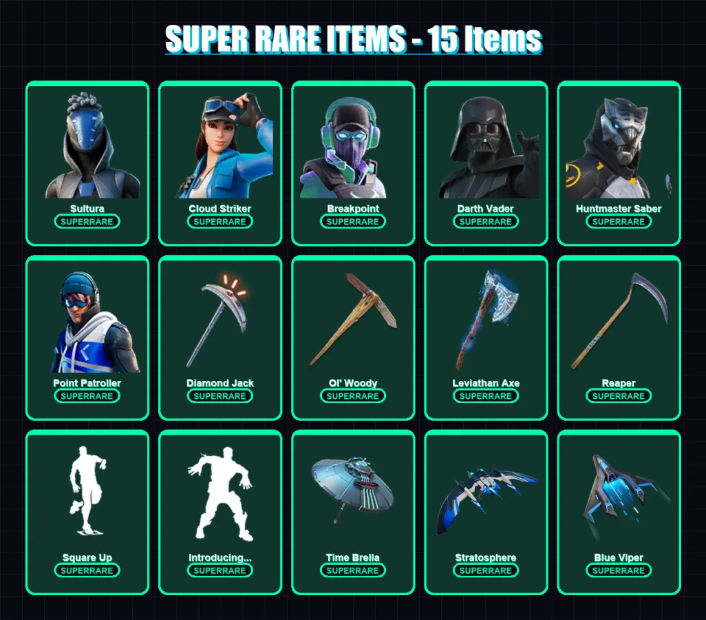[PC] | Sultura | Cloud Striker | Breakpoint | Darth Vader | Huntmaster Saber | 266 skin | 258 pickaxe | 199 emote | 188 glider | Lv3620