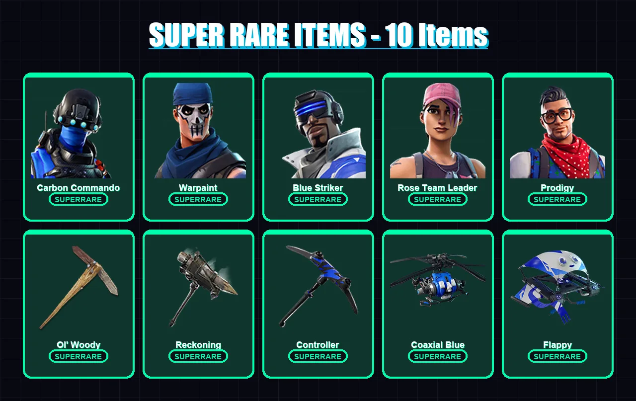 [PS4/PS5/XBOX/PC] | Carbon Commando | Warpaint | Blue Striker | Rose Team Leader | Prodigy | 47 skin | 63 pickaxe | 49 emote | 67 glider | Lv696