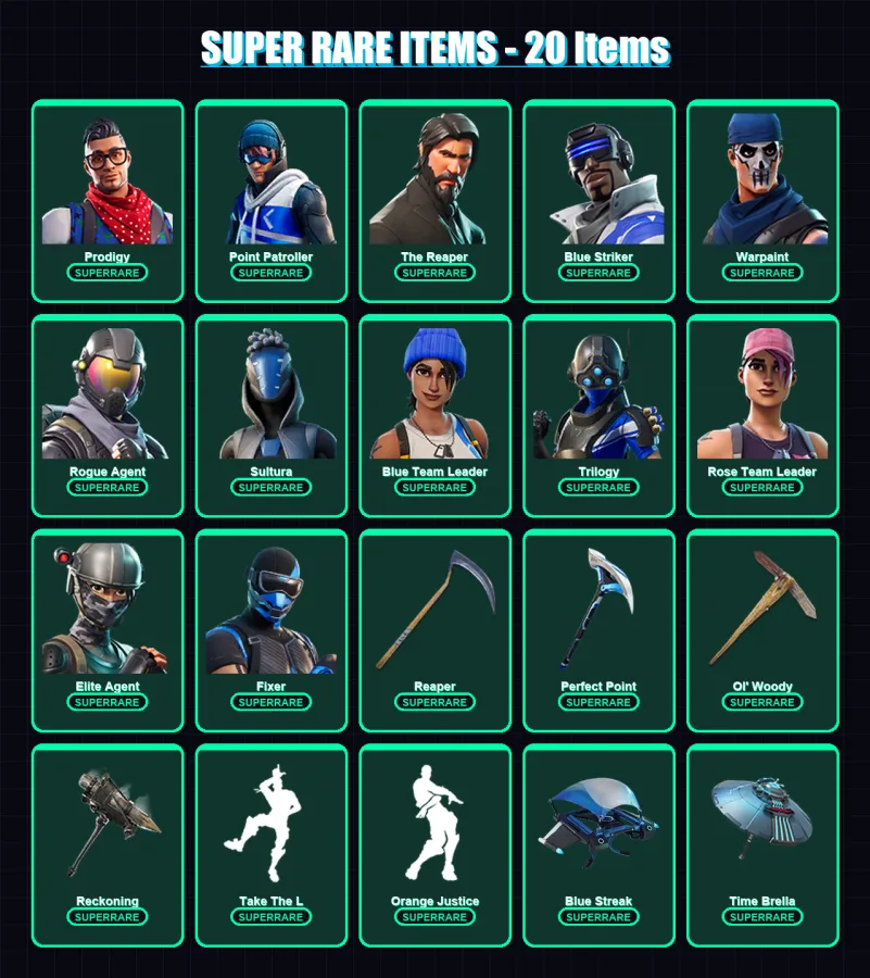 [PS4/PS5/XBOX/PC] | Prodigy | Point Patroller | The Reaper | Blue Striker | Warpaint | 100 skin | 75 pickaxe | 84 emote | 84 glider | Lv1137