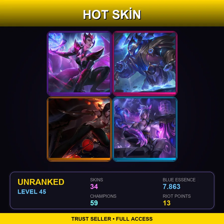 TR | Challenger Ahri | Cosmic Paladin Nautilus | Warring Kingdoms Katarina | Spirit Blossom Riven | 34 Skin | 59 Champ | Lv45