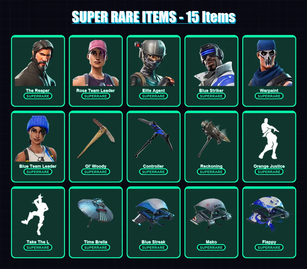 [PC] | The Reaper | Rose Team Leader | Elite Agent | Blue Striker | Warpaint | 49 skin | 56 pickaxe | 63 emote | 51 glider | Lv714
