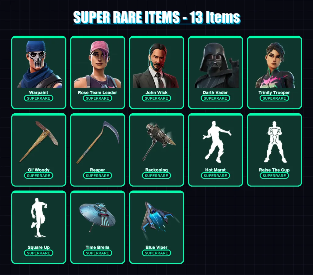 [PS4/PS5/XBOX/PC] | Warpaint | Rose Team Leader | John Wick | Darth Vader | Trinity Trooper | 313 skin | 258 pickaxe | 285 emote | 196 glider | Lv33