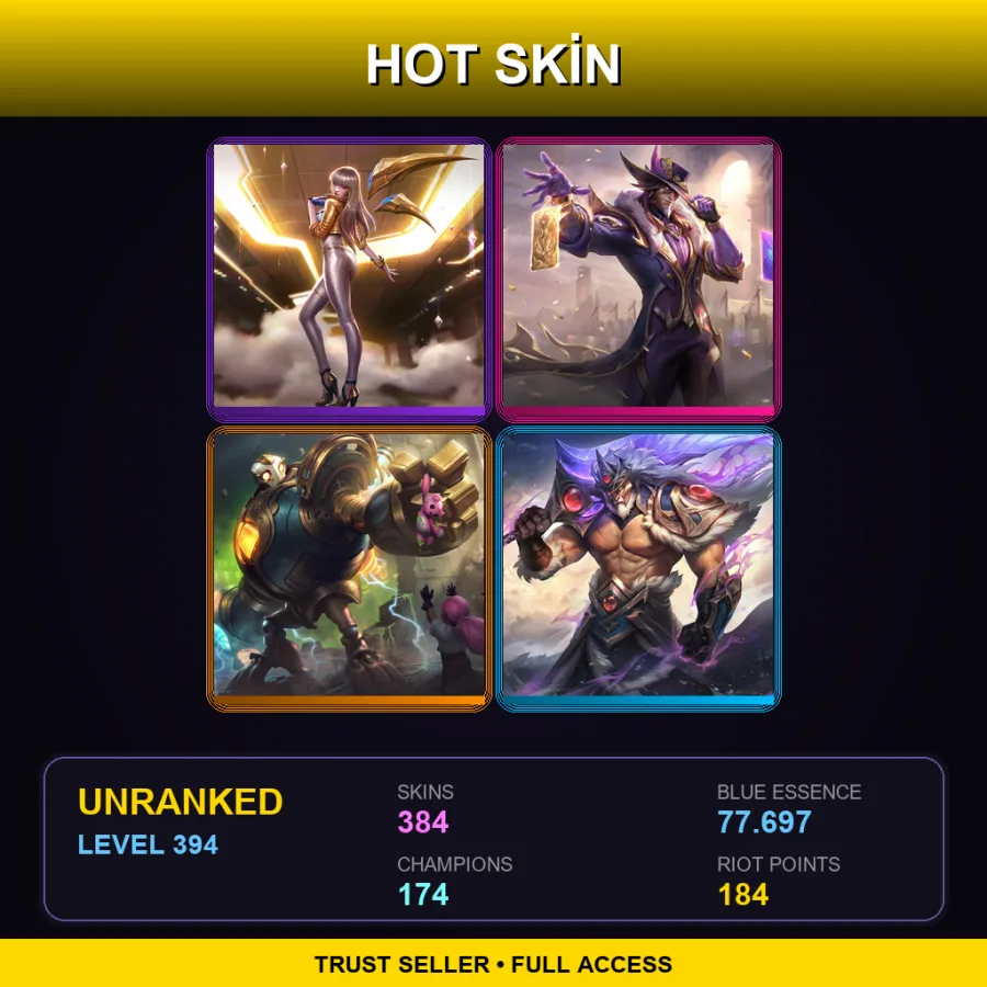 VN | Prestige K/DA Kai'Sa (2022) | Victorious Twisted Fate | Victorious Blitzcrank | Victorious Tryndamere | 384 Skin | 174 Champ | Lv394
