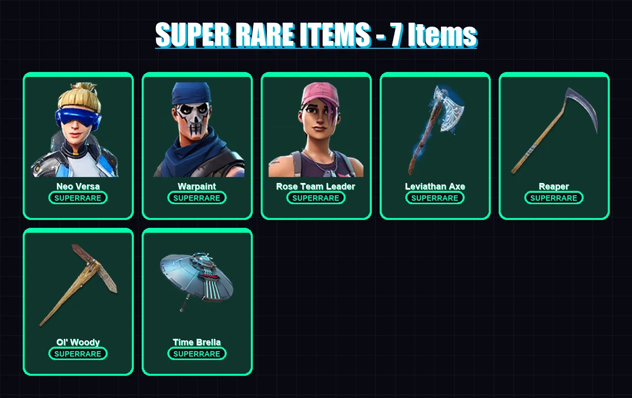 [PC] | Neo Versa | Warpaint | Rose Team Leader | Midas | The Ageless | 171 skin | 246 pickaxe | 187 emote | 198 glider | Lv3747