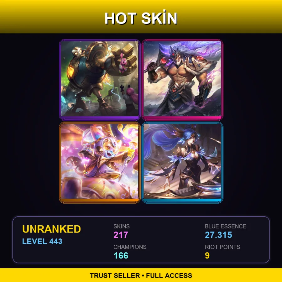 VN | Lv443 | Unranked | 217 Skin | 166 Champ — LoL account