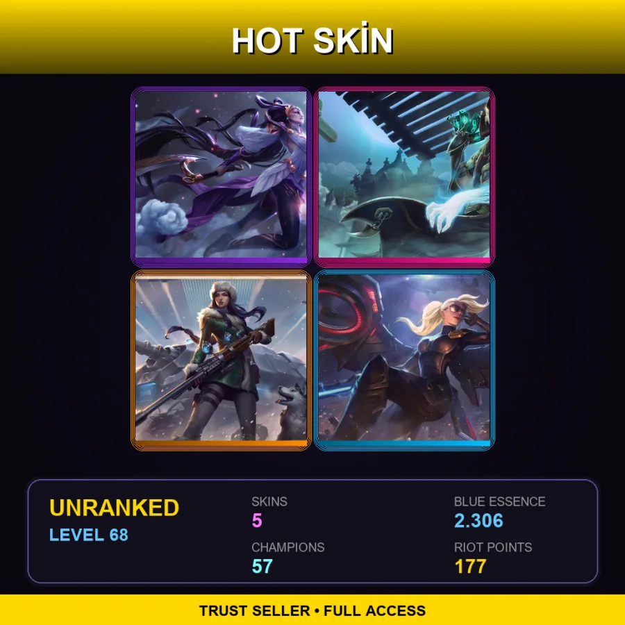EUW | Lv68 | Unranked | 5 Skin | 57 Champ — LoL account
