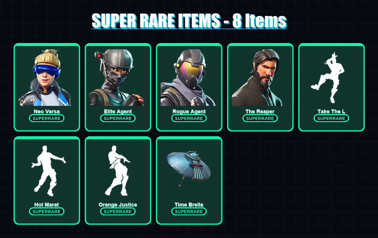 [PS4/PS5/XBOX/PC] | Neo Versa | Elite Agent | Rogue Agent | The Reaper | Hunter | 165 skin | 211 pickaxe | 191 emote | 169 glider | Lv4324