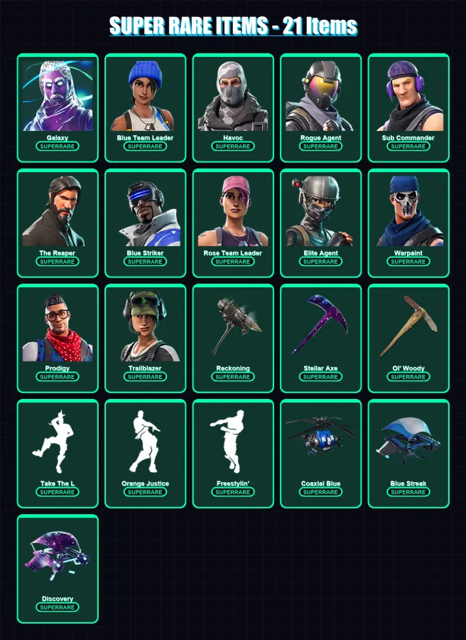 [PS4/PS5/XBOX/PC] | Galaxy | Blue Team Leader | Havoc | Rogue Agent | Sub Commander | 73 skin | 48 pickaxe | 55 emote | 55 glider | Lv572