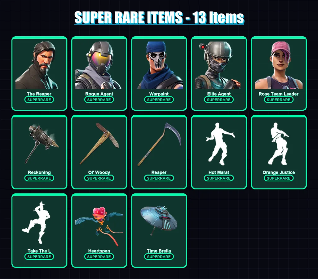 [PC/PSN] | The Reaper | Rogue Agent | Warpaint | Elite Agent | Rose Team Leader | 135 skin | 103 pickaxe | 120 emote | 89 glider | Lv1434