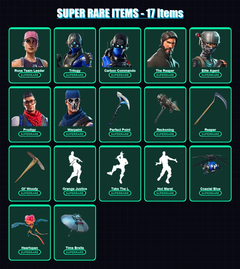 [PS4/PS5/XBOX/PC] | Rose Team Leader | Trilogy | Carbon Commando | The Reaper | Elite Agent | 90 skin | 97 pickaxe | 113 emote | 96 glider | Lv1170