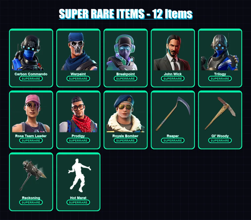 [PC/XBOX] | Carbon Commando | Warpaint | Breakpoint | John Wick | Trilogy | 179 skin | 140 pickaxe | 142 emote | 123 glider | Lv1300 — Fortnite account