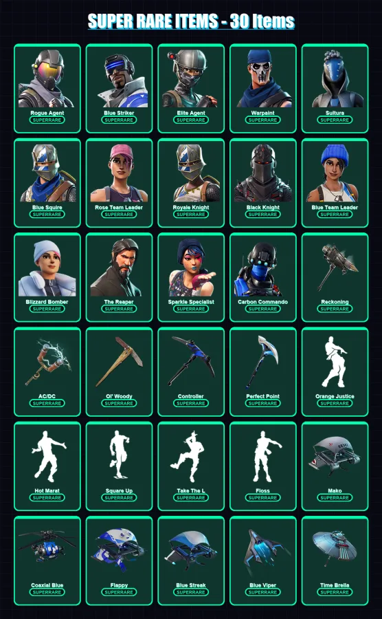 [PS4/PS5/XBOX/PC] | Rogue Agent | Blue Striker | Elite Agent | Warpaint | Sultura | 85 skin | 93 pickaxe | 109 emote | 86 glider | Lv1205
