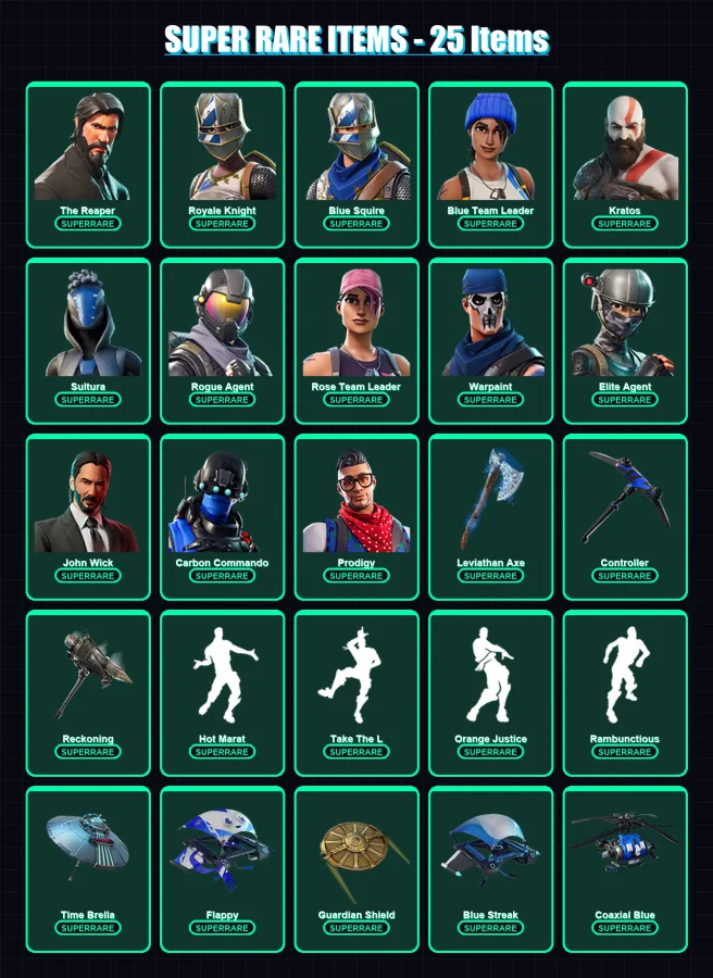 [PS4/PS5/XBOX/PC] | The Reaper | Royale Knight | Blue Squire | Blue Team Leader | Kratos | 168 skin | 134 pickaxe | 222 emote | 109 glider | Lv1108