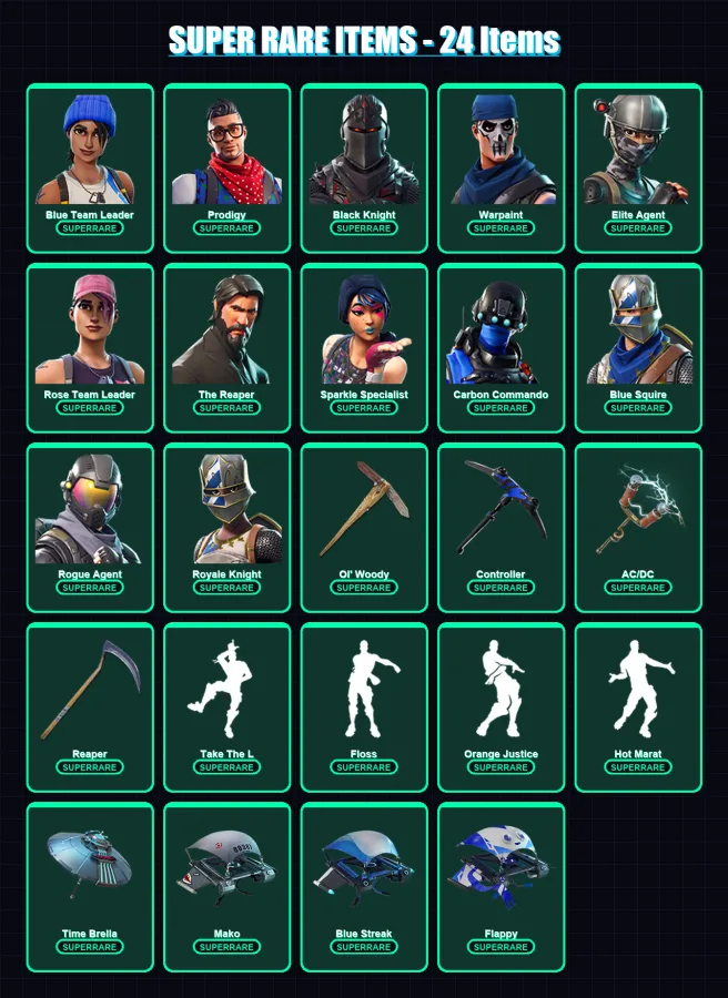 [PS4/PS5/XBOX/PC] | Blue Team Leader | Prodigy | Black Knight | Warpaint | Elite Agent | 99 skin | 132 pickaxe | 108 emote | 132 glider | Lv1988