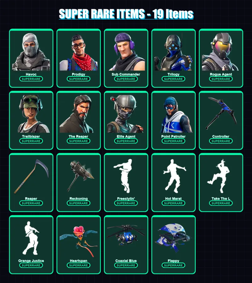 [PC/XBOX] | Havoc | Prodigy | Sub Commander | Trilogy | Rogue Agent | 61 skin | 71 pickaxe | 74 emote | 69 glider | Lv1205