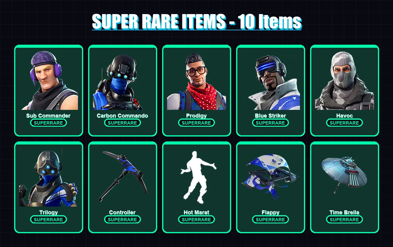 [PS4/PS5/XBOX/PC] | Sub Commander | Carbon Commando | Prodigy | Blue Striker | Havoc | 38 skin | 35 pickaxe | 49 emote | 46 glider | Lv716