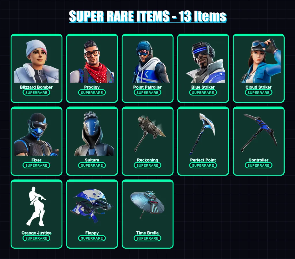 [PS4/PS5/PC] | Blizzard Bomber | Prodigy | Point Patroller | Blue Striker | Cloud Striker | 254 skin | 299 pickaxe | 198 emote | 209 glider | Lv4335 — Fortnite account