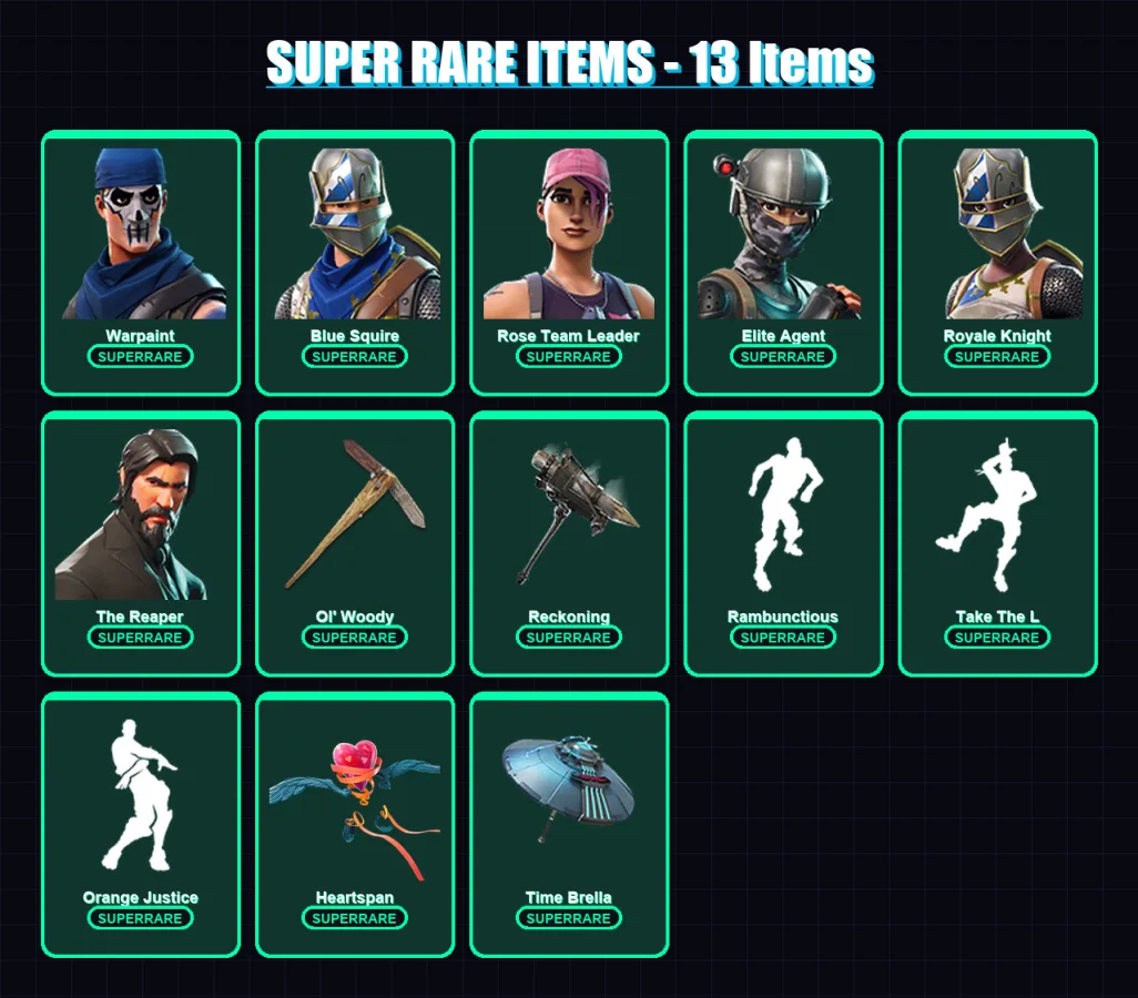 [PC] | Warpaint | Blue Squire | Rose Team Leader | Elite Agent | Royale Knight | 81 skin | 95 pickaxe | 98 emote | 87 glider | Lv1068