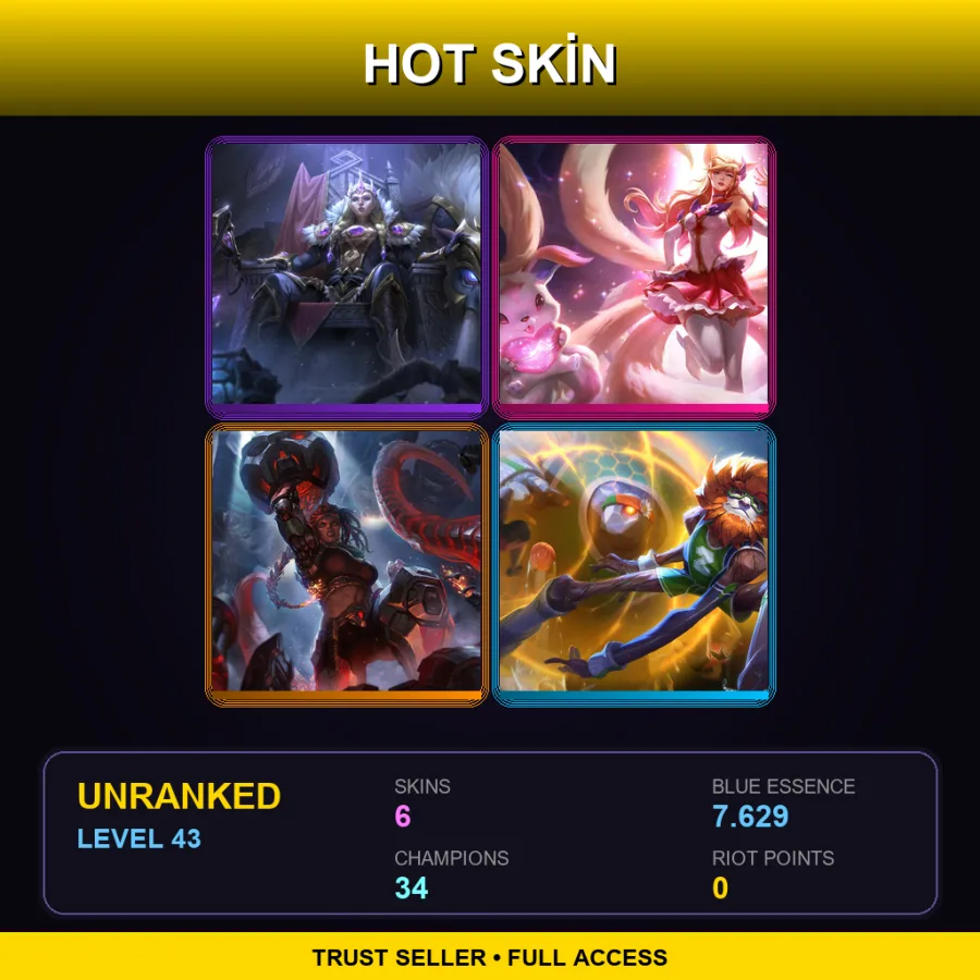 EUW | Victorious Sejuani | Star Guardian Ahri | Resistance Illaoi | Dunkmaster Ivern | 6 Skin | 34 Champ | Lv43