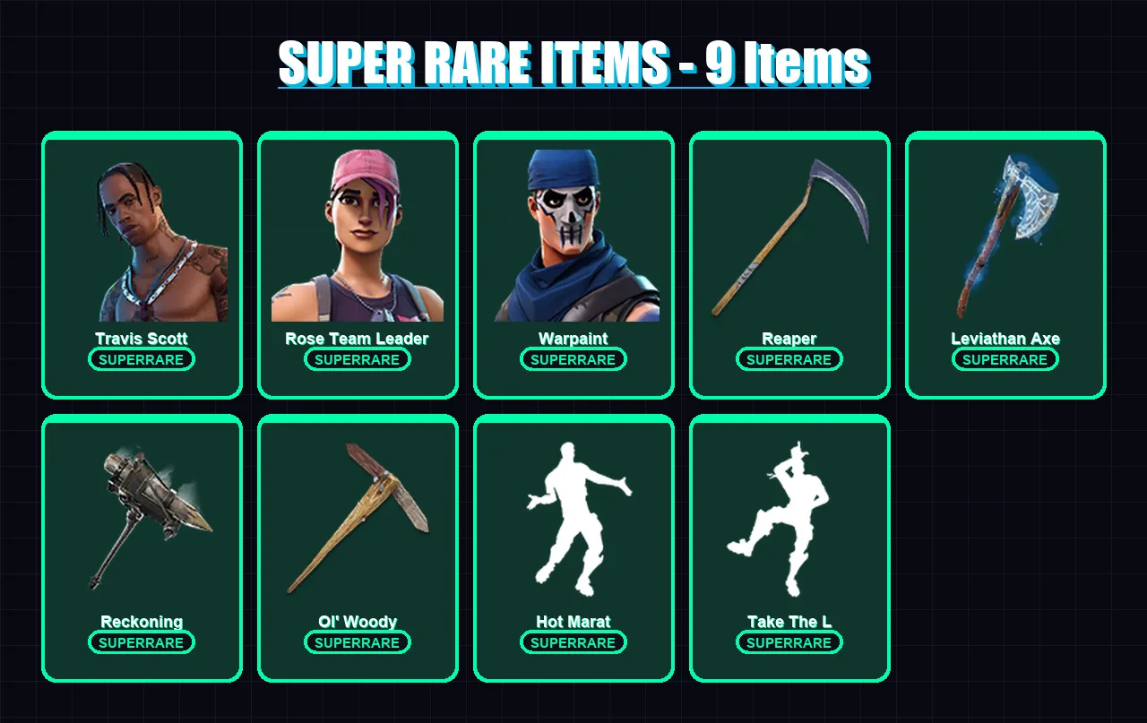 [PS4/PS5/XBOX/PC] | Travis Scott | Rose Team Leader | Warpaint | Magnus | Galaxia | 201 skin | 200 pickaxe | 176 emote | 162 glider | Lv2321