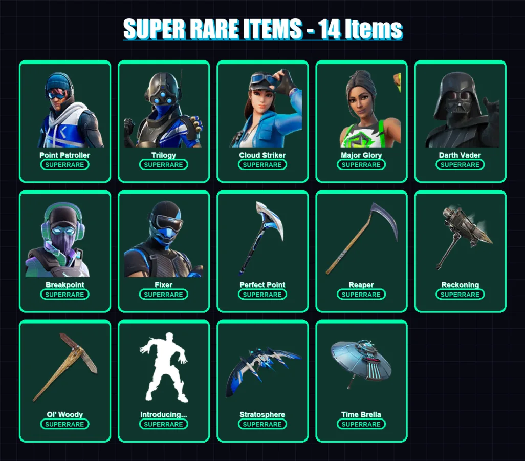 [PS4/PS5/XBOX/PC] | Point Patroller | Trilogy | Cloud Striker | Major Glory | Darth Vader | 280 skin | 343 pickaxe | 260 emote | 281 glider | Lv4772