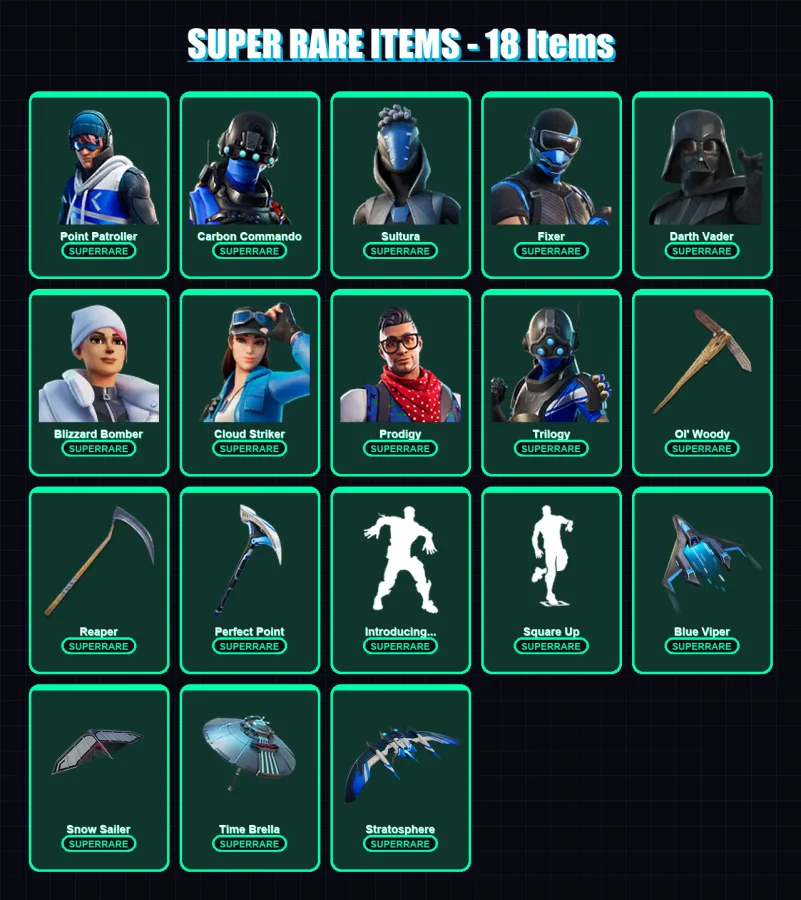 [PS4/PS5/XBOX/PC] | Point Patroller | Carbon Commando | Sultura | Fixer | Darth Vader | 196 skin | 223 pickaxe | 195 emote | 162 glider | Lv2899