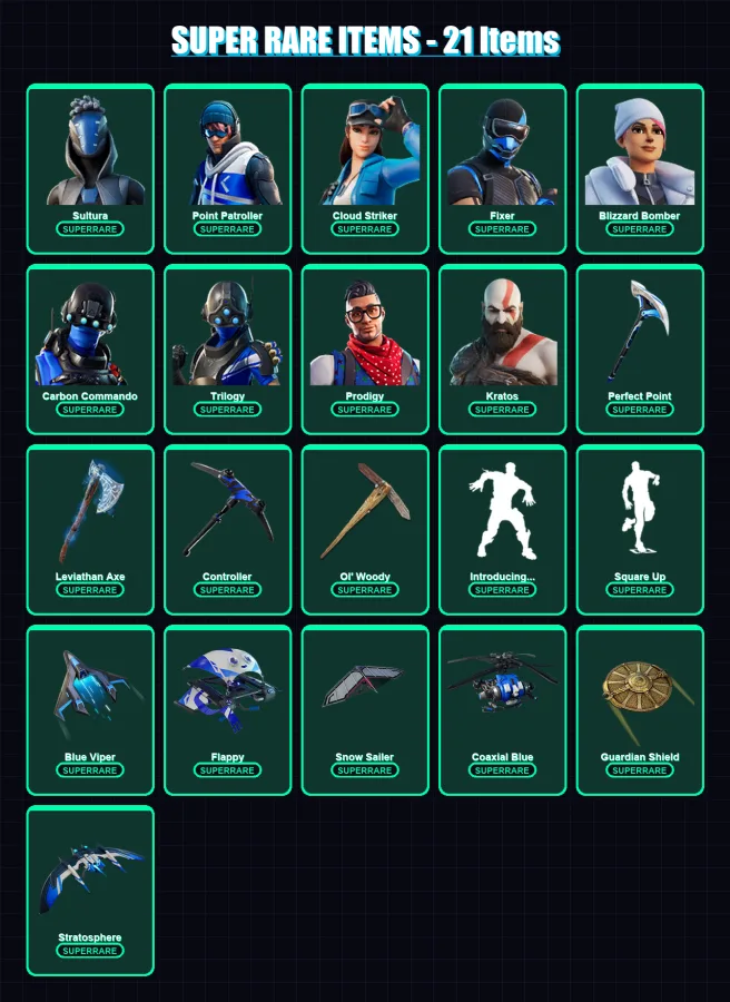[PS4/PS5/XBOX/PC] | Sultura | Point Patroller | Cloud Striker | Fixer | Blizzard Bomber | 63 skin | 70 pickaxe | 50 emote | 56 glider | Lv547