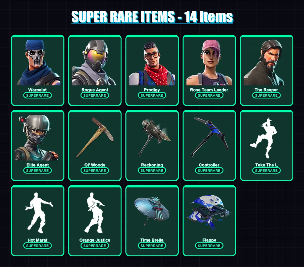 [PC/XBOX/PSN] | Warpaint | Rogue Agent | Prodigy | Rose Team Leader | The Reaper | 43 skin | 49 pickaxe | 67 emote | 59 glider | Lv918