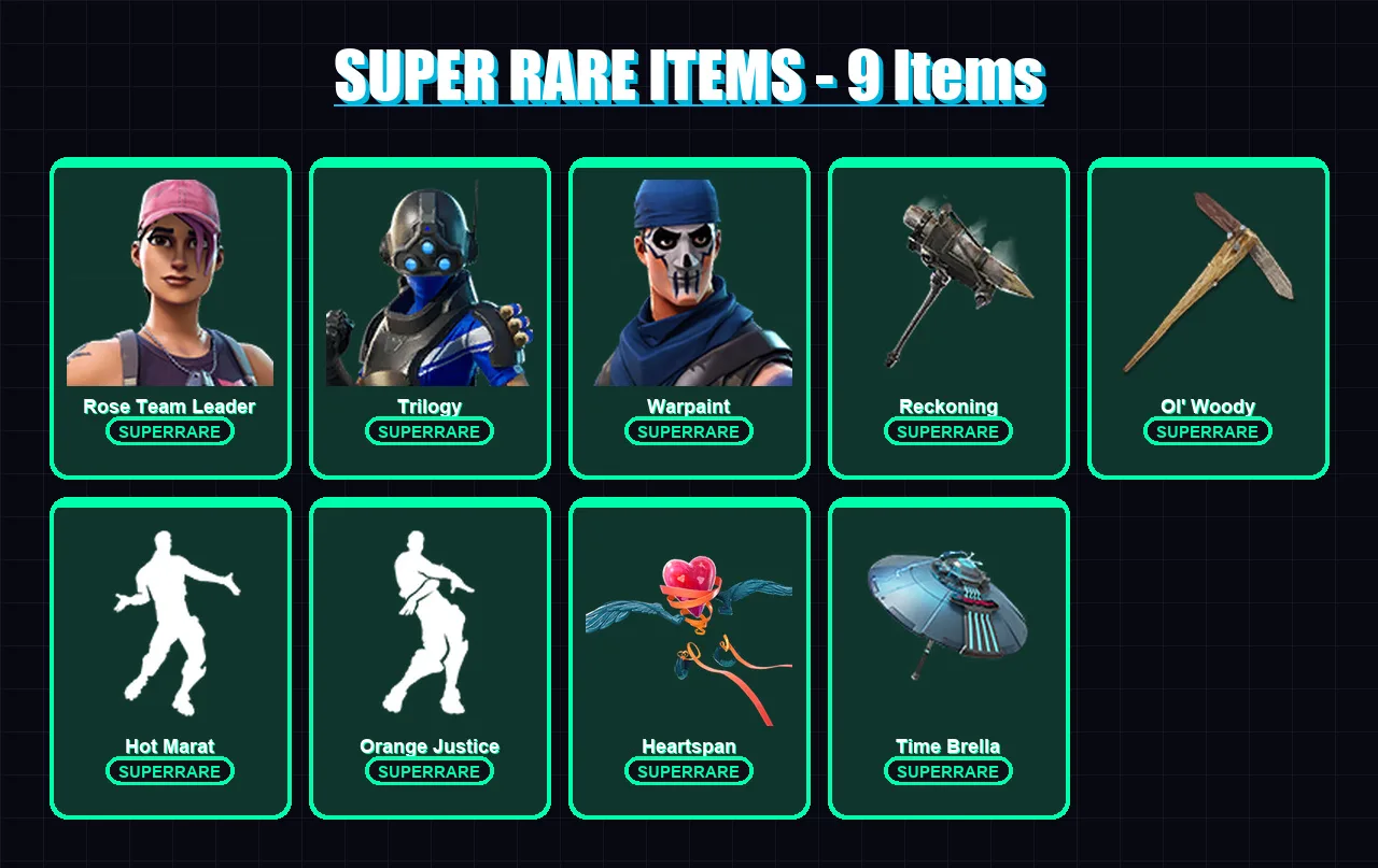 [PC/XBOX] | Rose Team Leader | Trilogy | Warpaint | Rox | Omegarok | 65 skin | 112 pickaxe | 120 emote | 110 glider | Lv1950