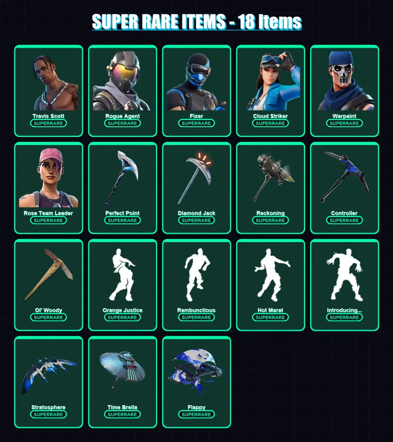 [PS4/PS5/XBOX/PC] | Travis Scott | Rogue Agent | Fixer | Cloud Striker | Warpaint | 144 skin | 133 pickaxe | 128 emote | 121 glider | Lv1316