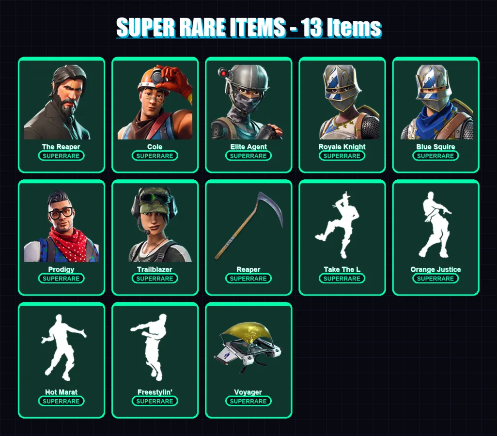 [PC/XBOX/PSN] | The Reaper | Cole | Elite Agent | Royale Knight | Blue Squire | 56 skin | 33 pickaxe | 53 emote | 35 glider | Lv531
