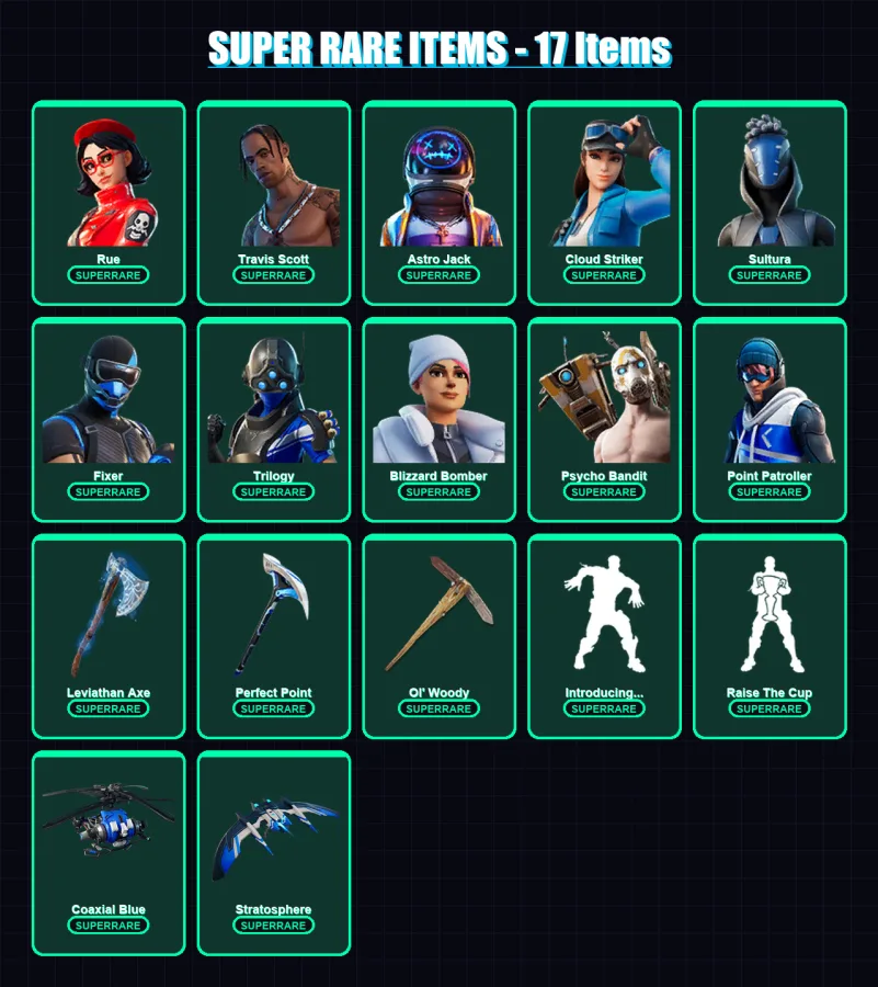 [PC/XBOX] | Rue | Travis Scott | Astro Jack | Cloud Striker | Sultura | 133 skin | 124 pickaxe | 79 emote | 91 glider | Lv1337