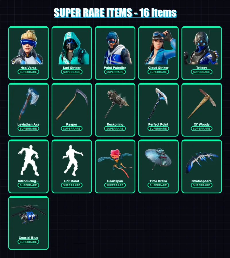 [PC/XBOX] | Neo Versa | Surf Strider | Point Patroller | Cloud Striker | Trilogy | 130 skin | 139 pickaxe | 147 emote | 124 glider | Lv2076