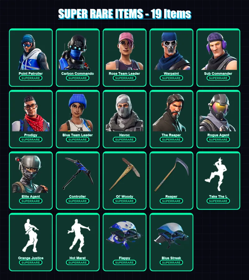[PC/XBOX/PSN] | Point Patroller | Carbon Commando | Rose Team Leader | Warpaint | Sub Commander | 50 skin | 75 pickaxe | 62 emote | 66 glider | Lv10