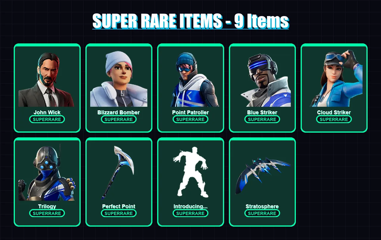 [PS4/PS5/XBOX/PC] | John Wick | Blizzard Bomber | Point Patroller | Blue Striker | Cloud Striker | 56 skin | 48 pickaxe | 69 emote | 49 glider | Lv7